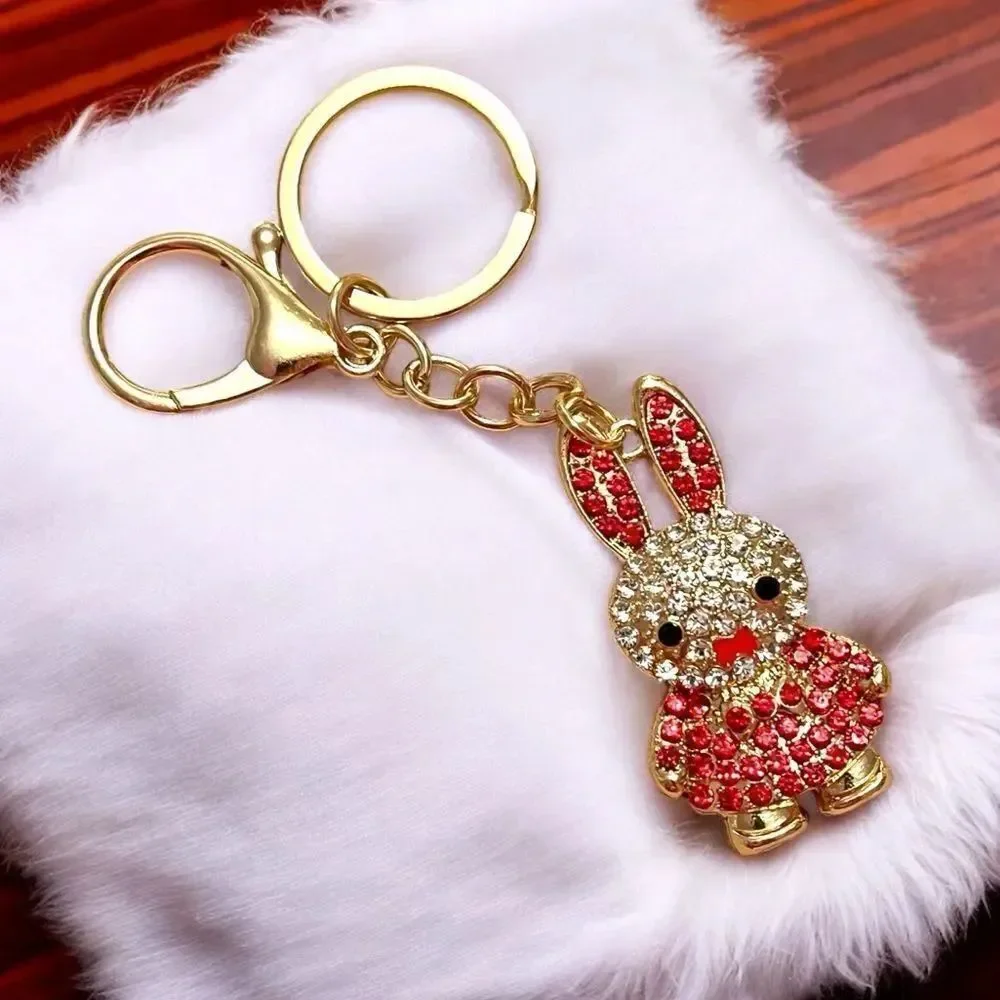 White and Red Rhinestone Bunny Gold Tone Keychain